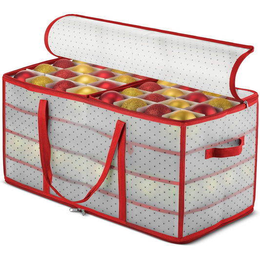 Zober Christmas Ornament Storage Box - Holds 128 Ornaments, 2-Sided Zipper, 3-Inch Cube Compartments, Red