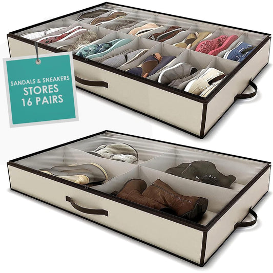 Under Bed Shoe Storage Organizer - Fits 16 Pairs of Shoes & 4 Pairs of Boots, Strong Zipper