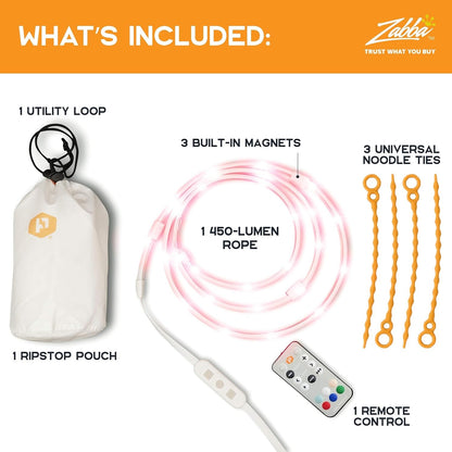 RGB Rope Lights - 15 Color LED String, Dimmer & Remote, 450 Lumen, for Camping, Safety, Hiking