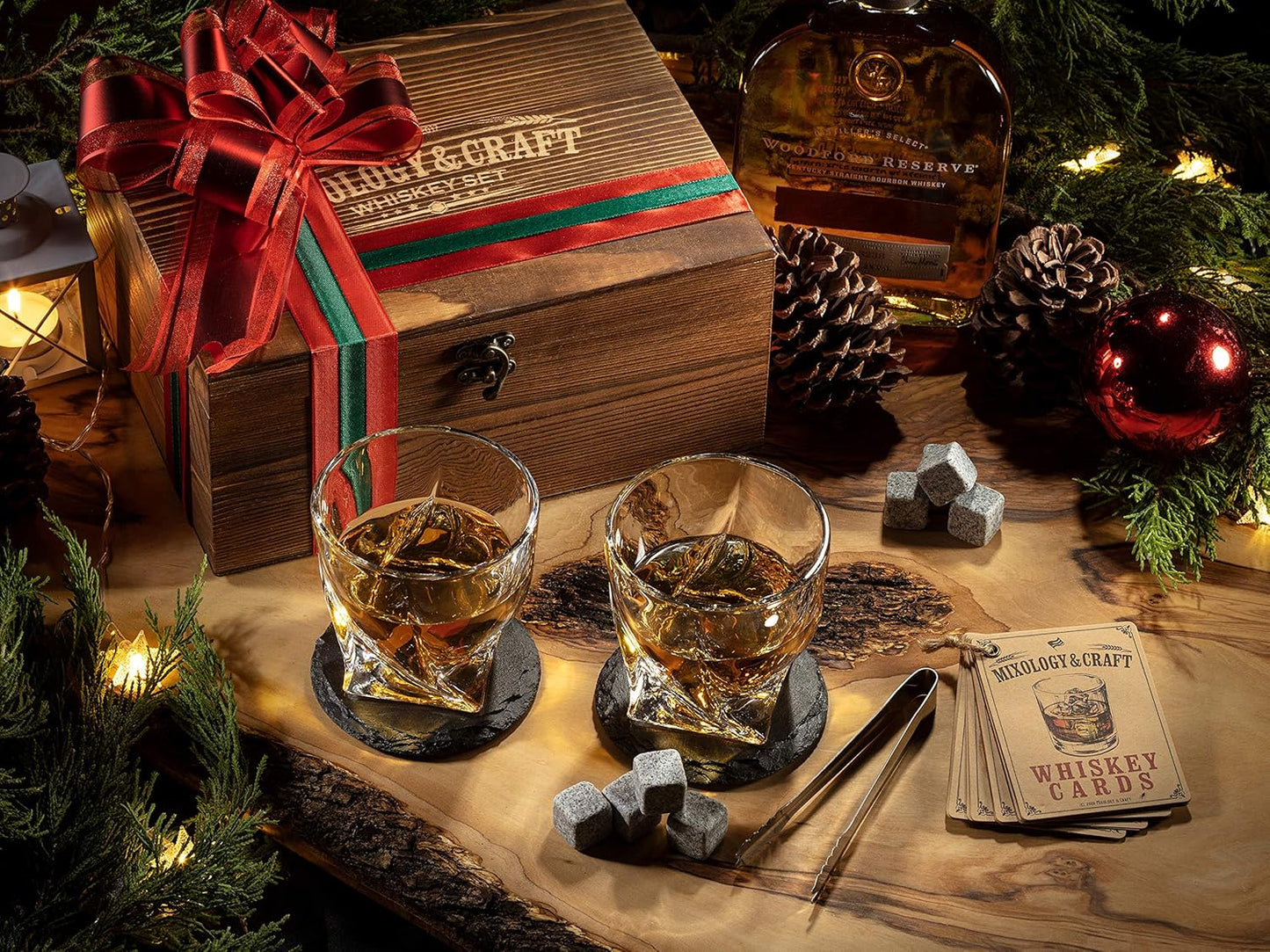 Mixology Whiskey Stones Gift Set for Men, 2 x 10oz Glasses, 8 Granite Chilling Rocks, 2 Coasters, Metal Tong & Cocktail Cards in Wooden Box