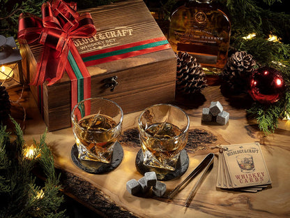 Mixology Whiskey Stones Gift Set for Men, 2 x 10oz Glasses, 8 Granite Chilling Rocks, 2 Coasters, Metal Tong & Cocktail Cards in Wooden Box