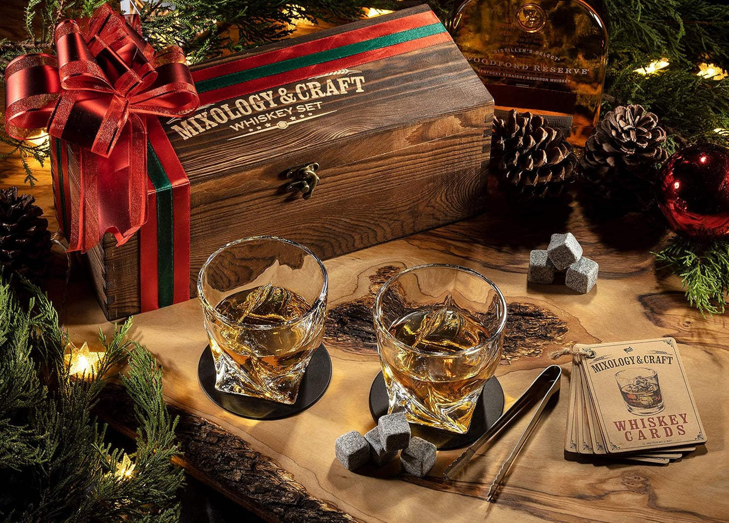 Mixology & Craft Whiskey Set - 12pc with Granite Stones, Glasses & Coasters