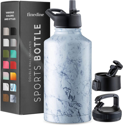 Dreiwandige, isolierte Wasserflaschen von FineDine mit Strohhalm – Edelstahl-Metallflasche mit 3 auslaufsicheren Deckeln – Für Reisen, Schule, Sport, Fitnessstudio/Männer, Frauen und Kinder 