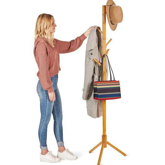 ZOBER Coat Rack Free Standing - Wooden Coat Tree W/ 6 Hooks - Coats, Purses, Hats - Adjustable Sizes, Easy Assembly - Natural