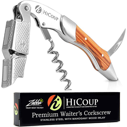 Wine Opener - Professional Corkscrew with Foil Cutter & Cap Remover, Manual Wine Key, Stainless Steel & Mahogany Inlay