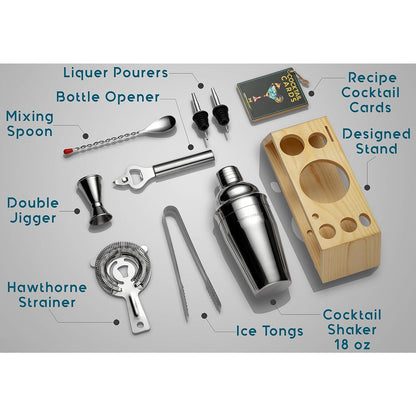 Barkeeper-Set mit Bambusständer – Cocktail-Shaker-Set und Barzubehör für die Hausbar, zum Mixen von Getränken und als Mixologie-Set