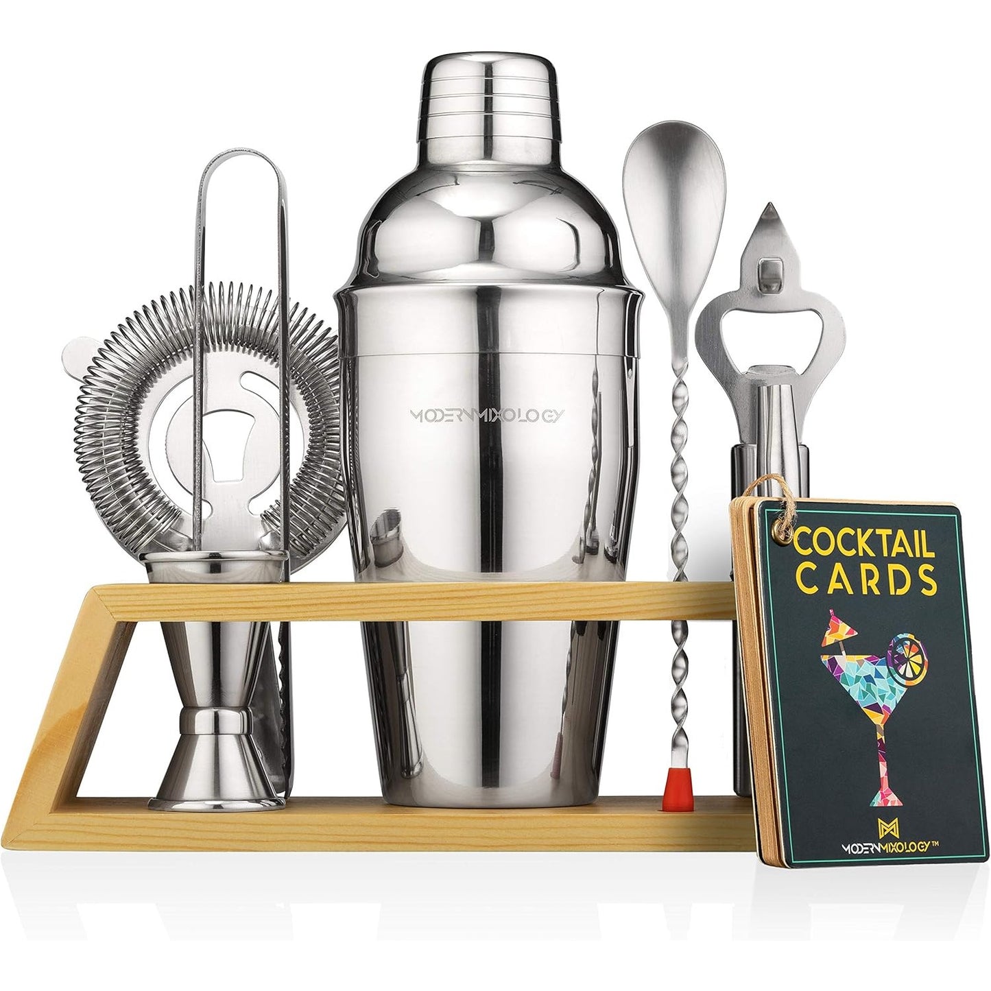 Barkeeper-Set mit Bambusständer – Cocktail-Shaker-Set und Barzubehör für die Hausbar, zum Mixen von Getränken und als Mixologie-Set