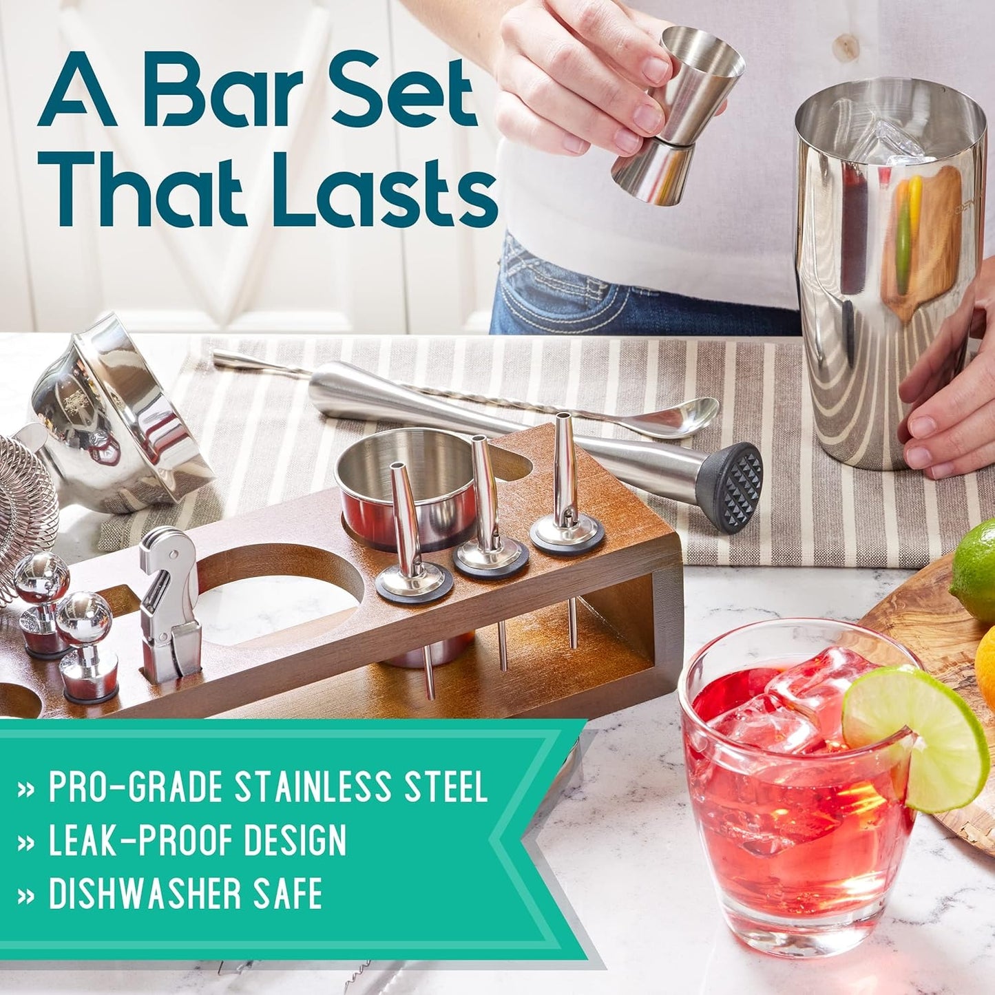 23-teiliges Bar-Set, Cocktail-Shaker-Set mit stilvollem Bambusständer | Perfekt als Bar-Werkzeug für zu Hause, Barkeeper-Werkzeugset und Martini-Cocktail-Shaker zum fantastischen Mixen von Drinks (Silber)