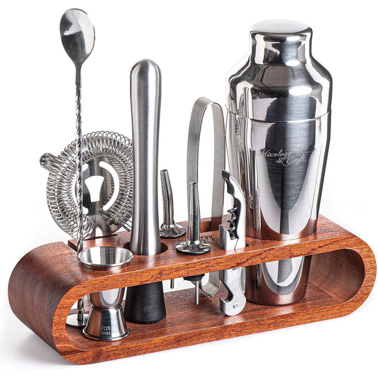 10-Piece Bartender Kit with Bamboo Stand – Complete Bar Tool Set for Perfect Drink Mixing Sliver