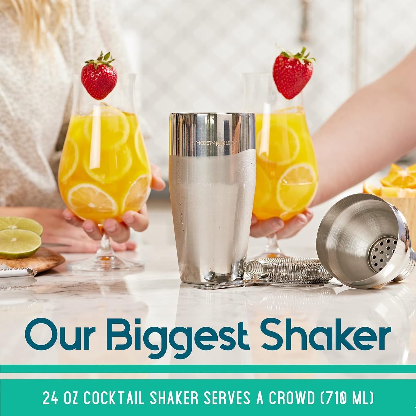 23-teiliges Bar-Set, Cocktail-Shaker-Set mit stilvollem Bambusständer | Perfekt als Bar-Werkzeug für zu Hause, Barkeeper-Werkzeugset und Martini-Cocktail-Shaker zum fantastischen Mixen von Drinks (Silber)