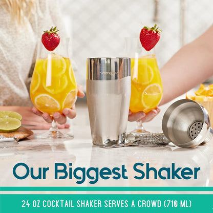 23-teiliges Bar-Set, Cocktail-Shaker-Set mit stilvollem Bambusständer | Perfekt als Bar-Werkzeug für zu Hause, Barkeeper-Werkzeugset und Martini-Cocktail-Shaker zum fantastischen Mixen von Drinks (Silber)