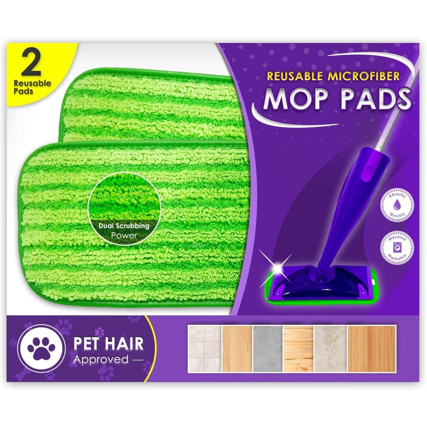 Reusable Floor Mop Pads - Swiffer Wet Jet Compatible, 2 Pack, 12-inch, Machine Washable, Eco-Friendly