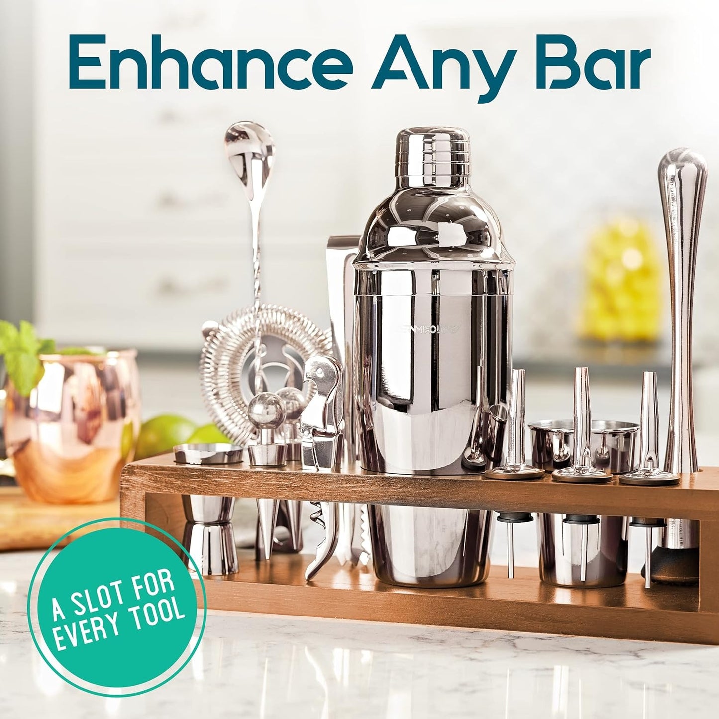 23-teiliges Bar-Set, Cocktail-Shaker-Set mit stilvollem Bambusständer | Perfekt als Bar-Werkzeug für zu Hause, Barkeeper-Werkzeugset und Martini-Cocktail-Shaker zum fantastischen Mixen von Drinks (Silber)