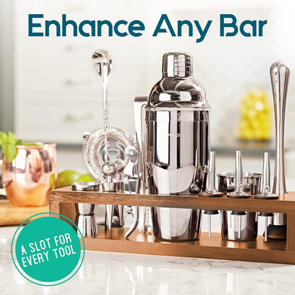 23-teiliges Bar-Set, Cocktail-Shaker-Set mit stilvollem Bambusständer | Perfekt als Bar-Werkzeug für zu Hause, Barkeeper-Werkzeugset und Martini-Cocktail-Shaker zum fantastischen Mixen von Drinks (Silber)
