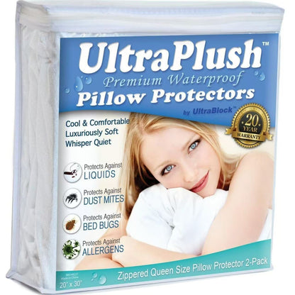 UltraBlock Waterproof Pillow Protector Set - 2 Zippered Covers, Super Soft & Feather Proof (Queen)