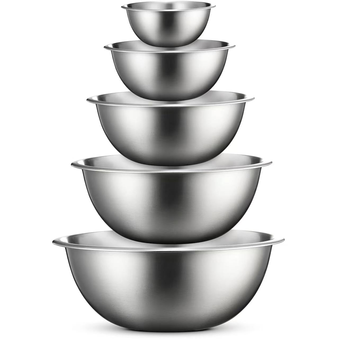 FineDine Edelstahl-Rührschüsseln (5er-Set) Edelstahl-Rührschüssel-Set – leicht zu reinigen, ineinander stapelbare Schüsseln für platzsparende Aufbewahrung, ideal zum Kochen, Backen, Vorbereiten 