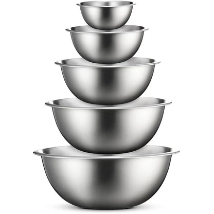 FineDine Edelstahl-Rührschüsseln (5er-Set) Edelstahl-Rührschüssel-Set – leicht zu reinigen, ineinander stapelbare Schüsseln für platzsparende Aufbewahrung, ideal zum Kochen, Backen, Vorbereiten 