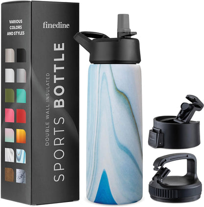 Dreiwandige, isolierte Wasserflaschen von FineDine mit Strohhalm – Edelstahl-Metallflasche mit 3 auslaufsicheren Deckeln – Für Reisen, Schule, Sport, Fitnessstudio/Männer, Frauen und Kinder 