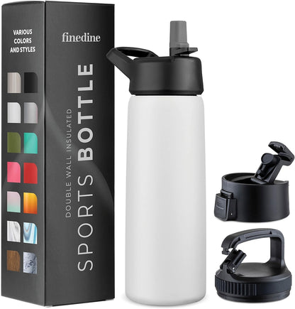 Dreiwandige, isolierte Wasserflaschen von FineDine mit Strohhalm – Edelstahl-Metallflasche mit 3 auslaufsicheren Deckeln – Für Reisen, Schule, Sport, Fitnessstudio/Männer, Frauen und Kinder 